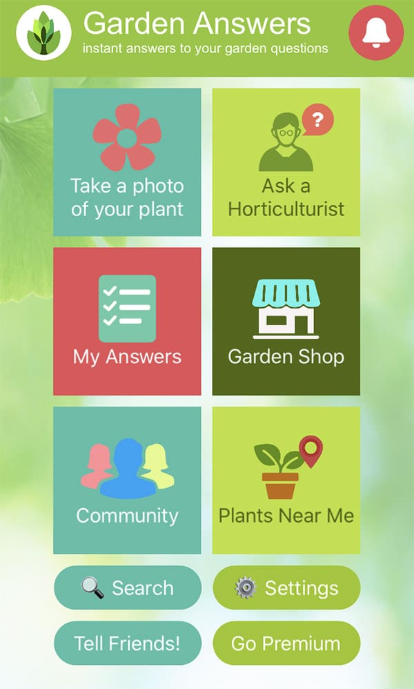 The main screen of the garden answers app